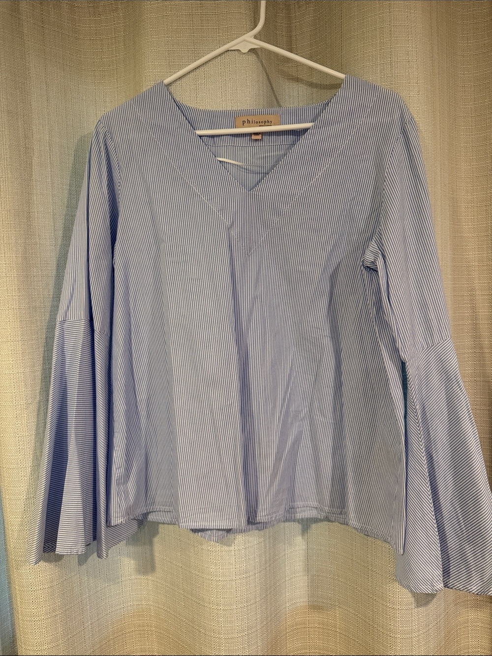 Philosophy Light Blue Pinstripe V-Neck Bell Sleeve Blouse